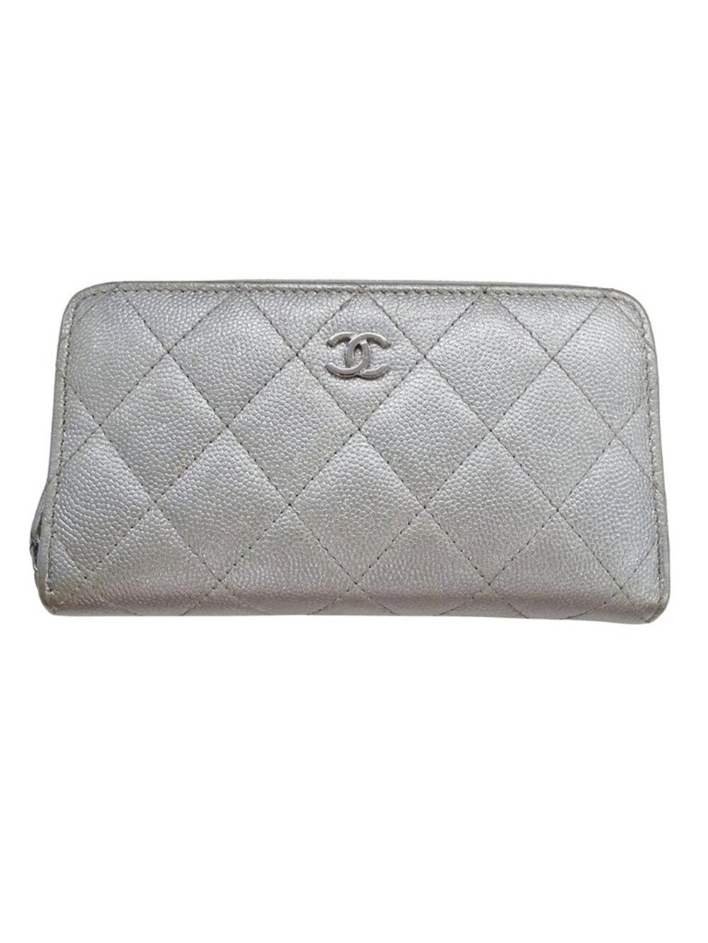 Chanel Wallet Compact Caviar Leather Quilted Silver CC Logo